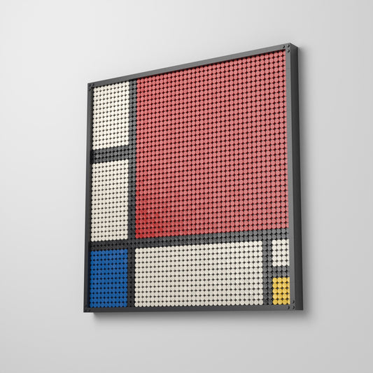 Composition II en rouge, bleu et jaune — Piet Mondrian, mosaïque en briques PopBrique, accrochée au mur